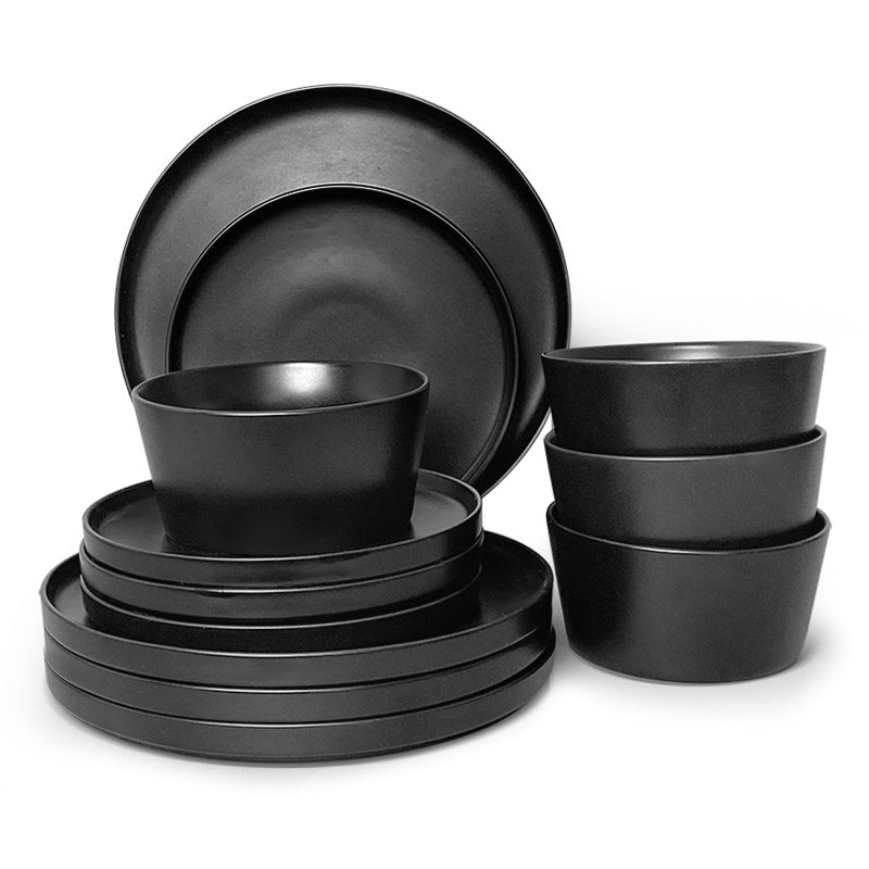 16 Piece/12 Pieces Dinnerware Set, Plates and Bowls, Black Matte Dish, Service for 4