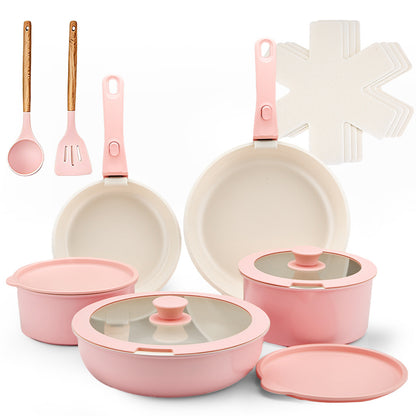 Ceramic Coated Nonstick Cookware Set with Detachable Handle, 17 Pieces Pink