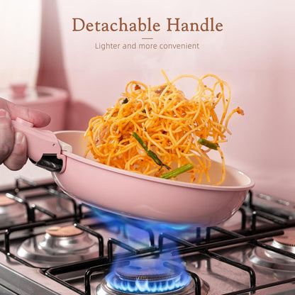 Ceramic Coated Nonstick Cookware Set with Detachable Handle, 17 Pieces Pink