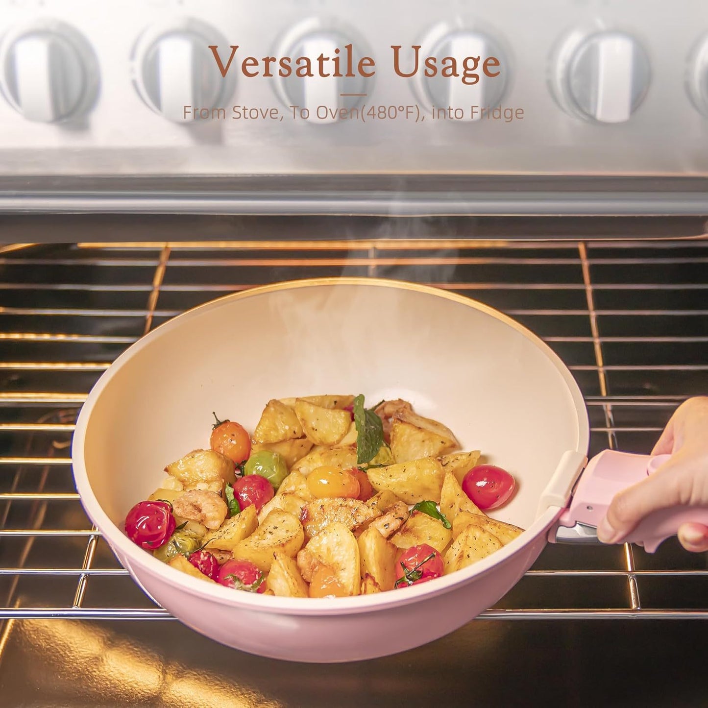 Ceramic Coated Nonstick Cookware Set with Detachable Handle, 17 Pieces Pink