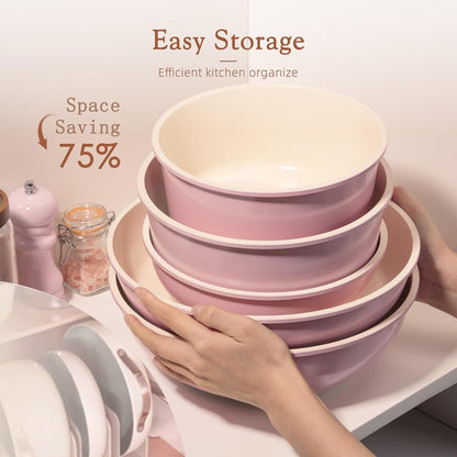 Ceramic Coated Nonstick Cookware Set with Detachable Handle, 17 Pieces Pink