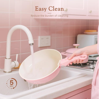Ceramic Coated Nonstick Cookware Set with Detachable Handle, 17 Pieces Pink