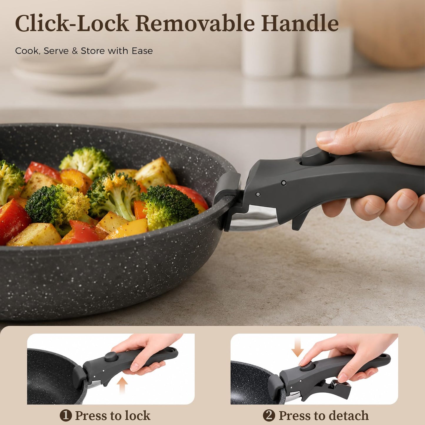 Ceramic Coated Nonstick Cookware Set with Detachable Handle, 17 Pieces,Black