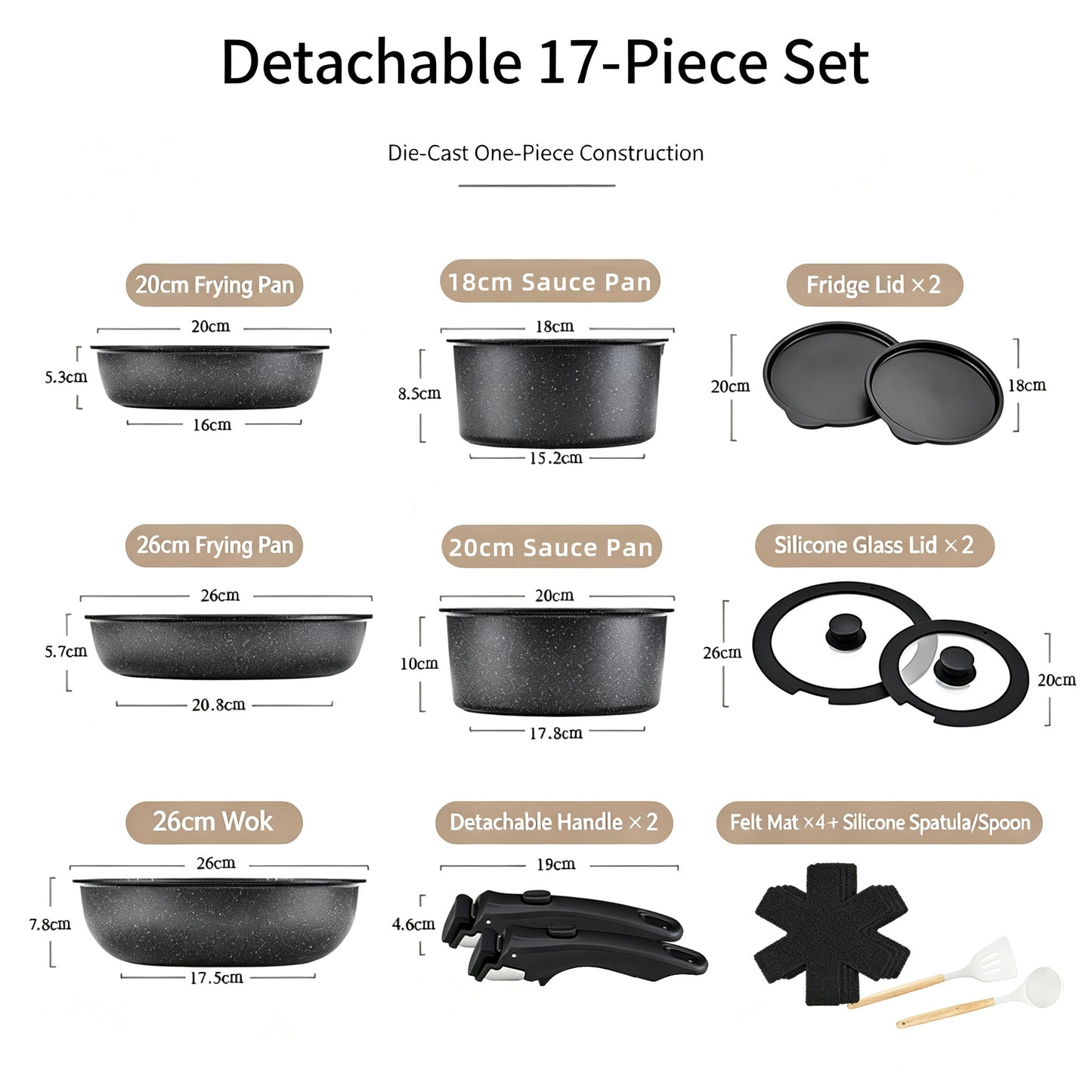 Ceramic Coated Nonstick Cookware Set with Detachable Handle, 17 Pieces,Black