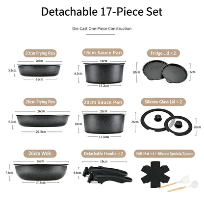Ceramic Coated Nonstick Cookware Set with Detachable Handle, 17 Pieces,Black