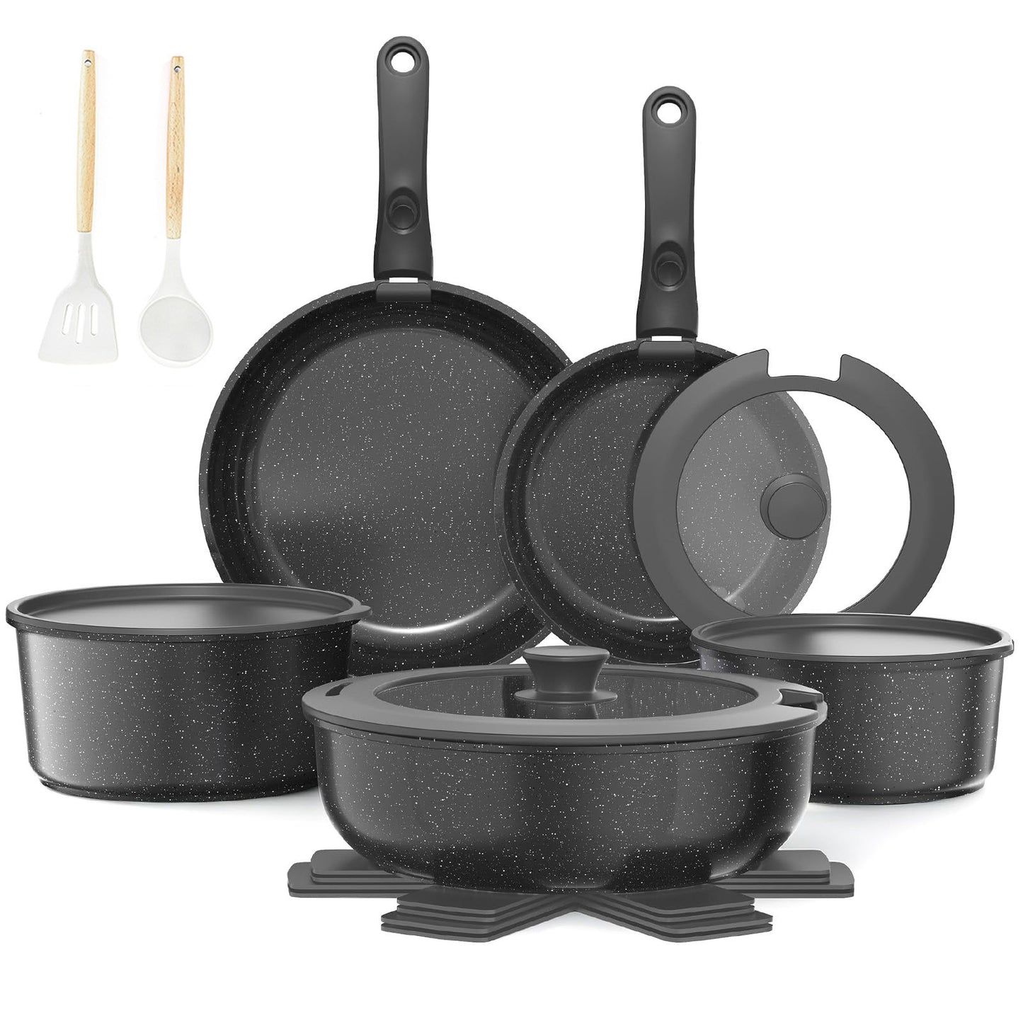 Ceramic Coated Nonstick Cookware Set with Detachable Handle, 17 Pieces,Black