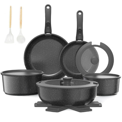 Ceramic Coated Nonstick Cookware Set with Detachable Handle, 17 Pieces,Black