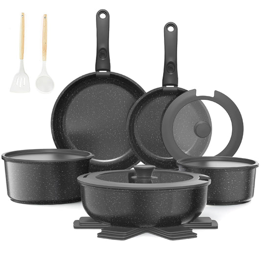 Ceramic Coated Nonstick Cookware Set with Detachable Handle, 17 Pieces,Black