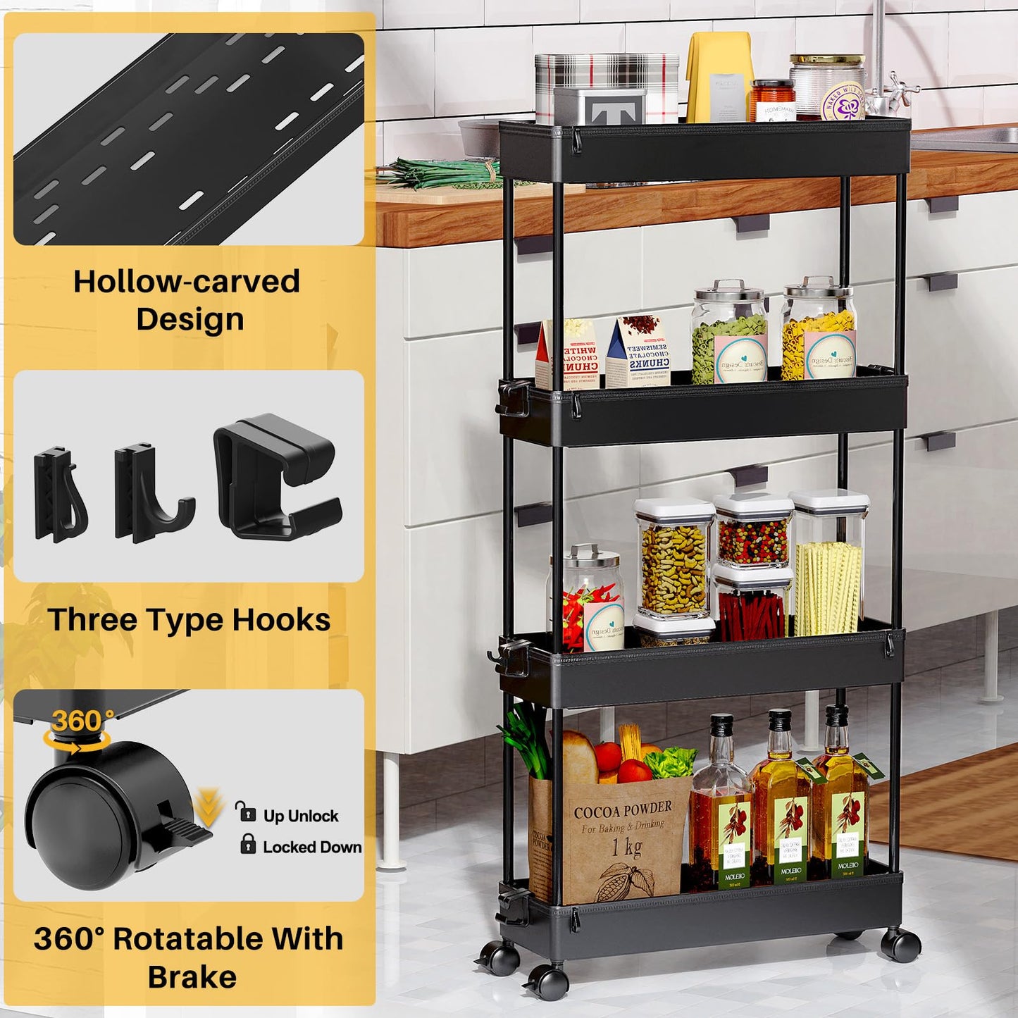 Multi Purpose Mobile Slim Storage Cart 4 Tier (2 Color Options)