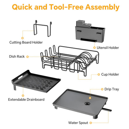 Extendable Dish Drying Rack with Cup Holders, Black