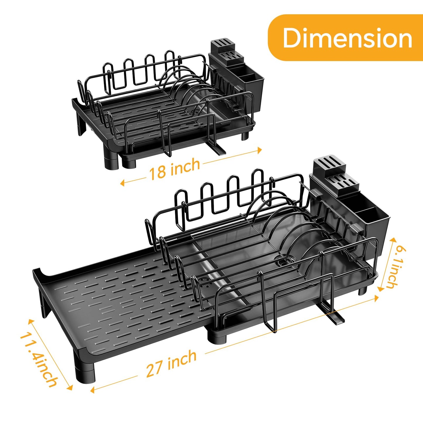 Extendable Dish Drying Rack with Cup Holders, Black