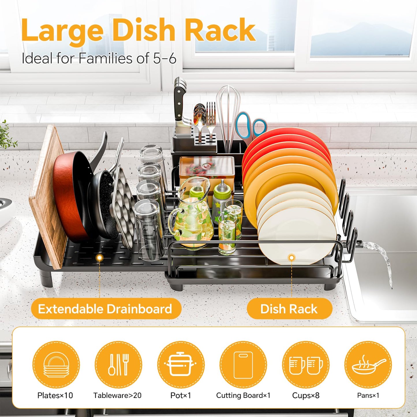 Extendable Dish Drying Rack with Cup Holders, Black
