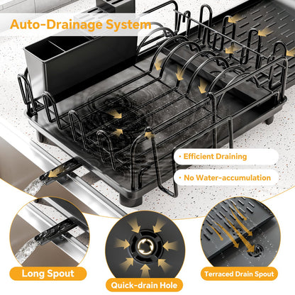 Extendable Dish Drying Rack with Cup Holders, Black