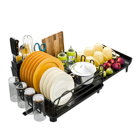 Extendable Dish Drying Rack with Cup Holders, Black