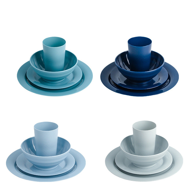 16Piece Plastic Plates and Bowls Sets,Gradient Blue
