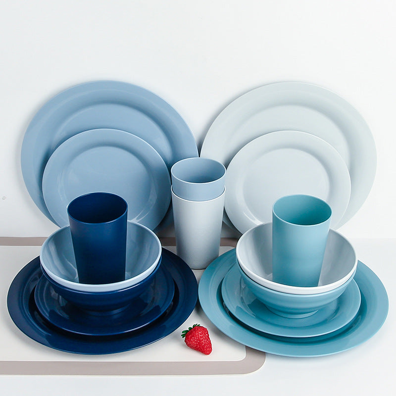 16Piece Plastic Plates and Bowls Sets,Gradient Blue