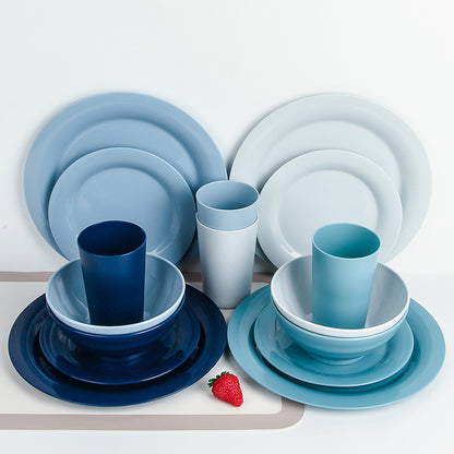 16Piece Plastic Plates and Bowls Sets,Gradient Blue
