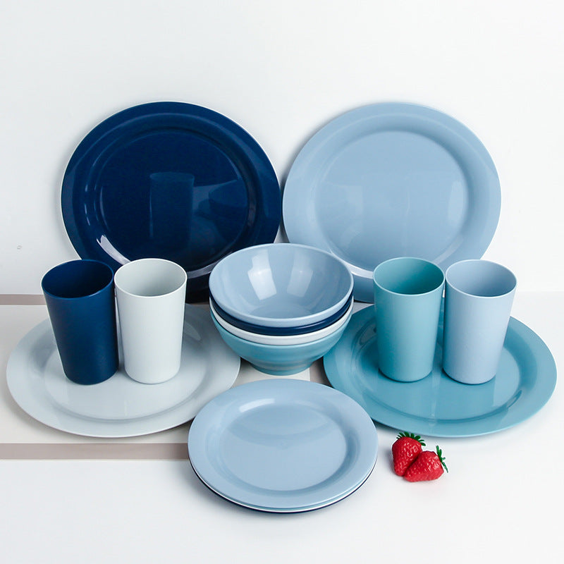 16Piece Plastic Plates and Bowls Sets,Gradient Blue