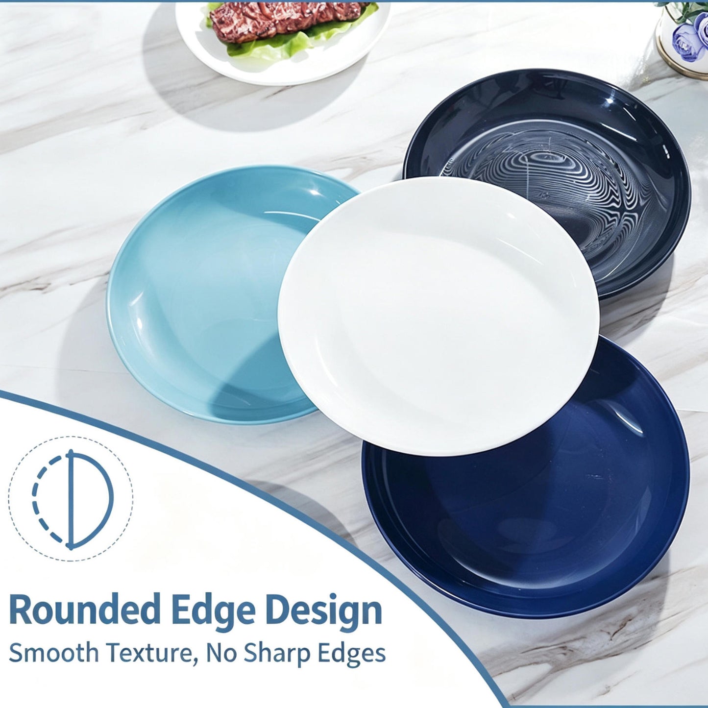 PP Plastic Lightweight Unbreakable Plates Set,4 Pcs, Light Blue, Navy Blue,White,Black
