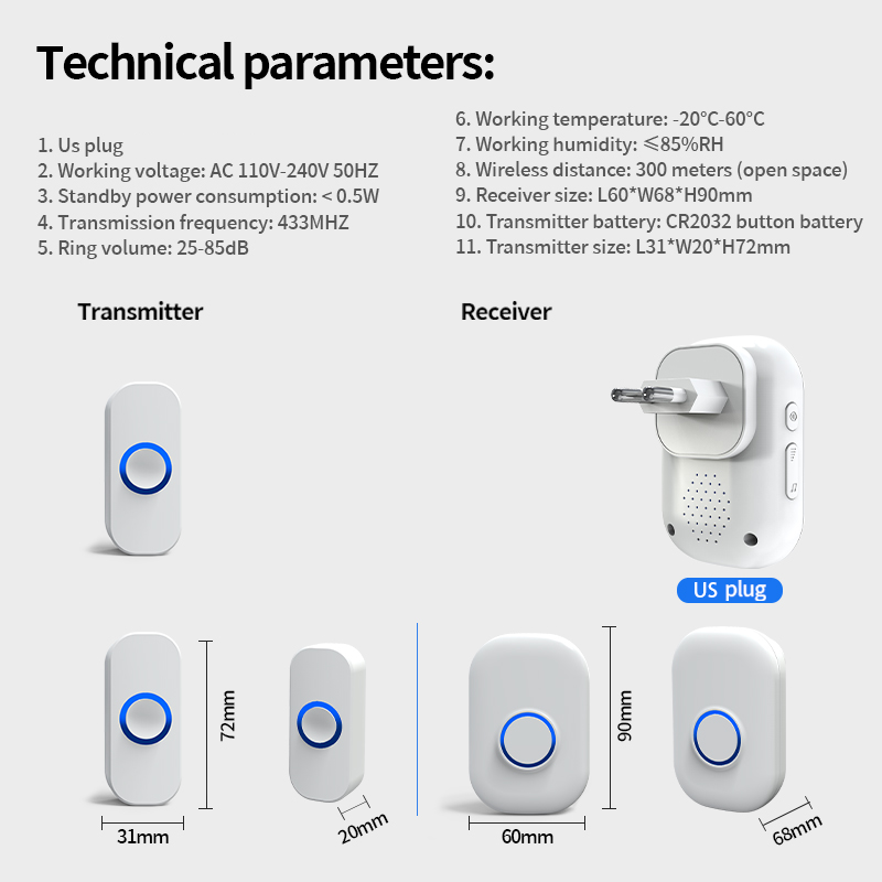 Wireless Doorbell with 2 Receivers / with 1 Receiver (2 Color Options)