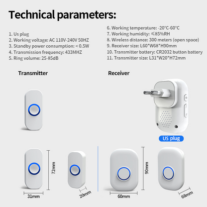 Wireless Doorbell with 2 Receivers / with 1 Receiver (2 Color Options)