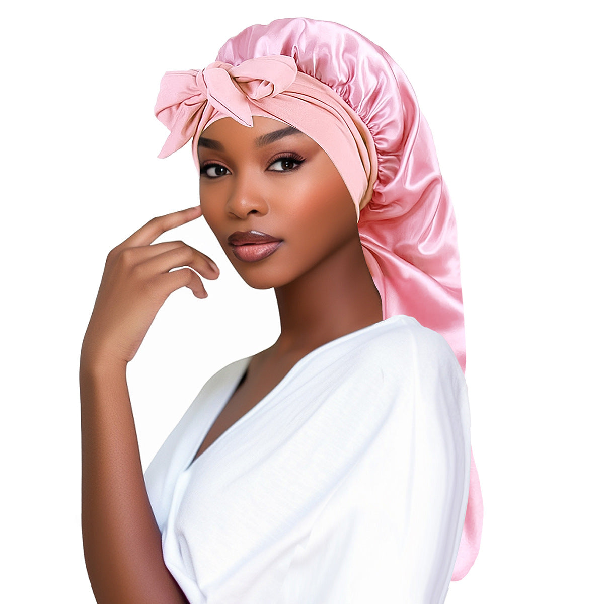 Extra Long Satin Bonnet with Tie Band 2 Unites (pink, black)