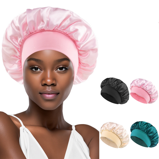 4-Piece Satin Wide Band Hair Bonnets (black, pink, turquoise, off white)