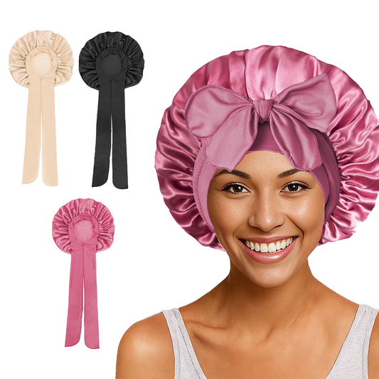 3-Piece Satin Bonnet with Tie Band (leather pink, champagne, black)