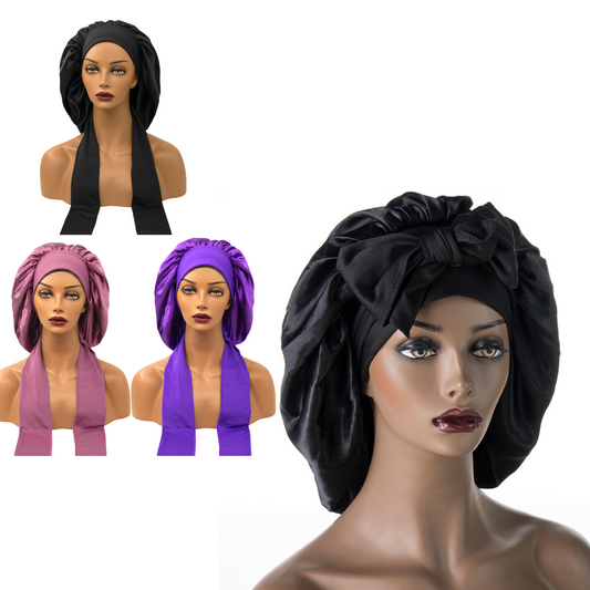 3-Piece Large Satin Bonnet with Tie Band (leather pink, purple, black)