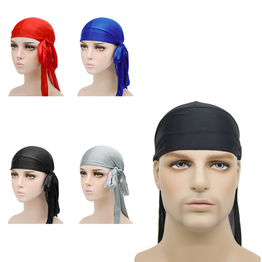 4-Piece Long Tail Doo Rag Adjustable Wide Straps Wave Caps (black, silver, roral blue, red)
