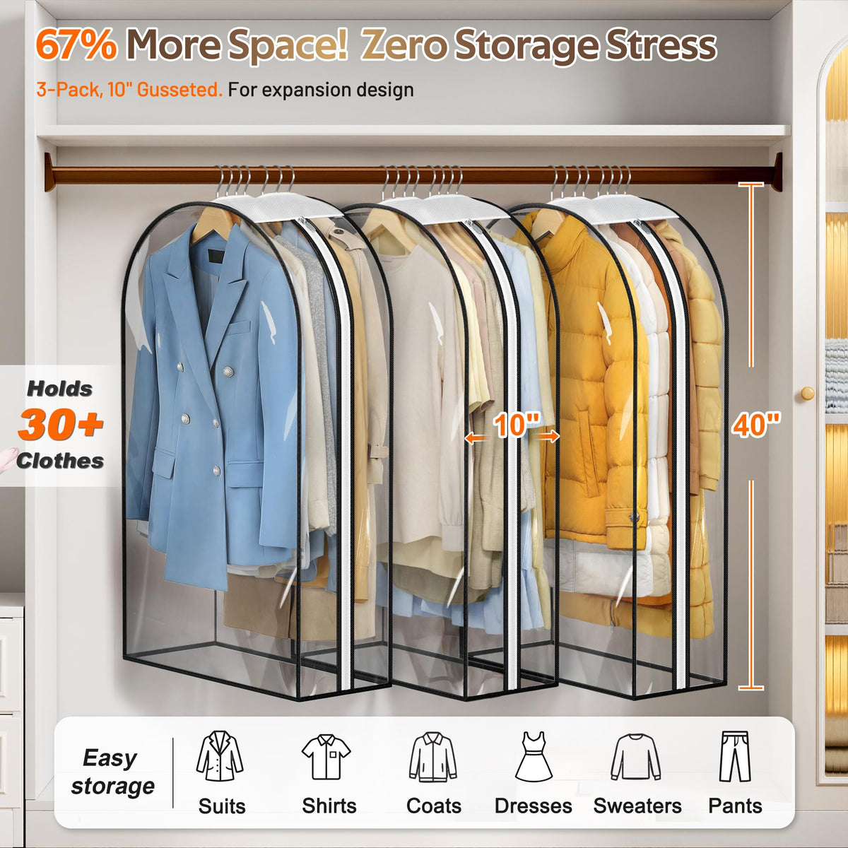 Clear Garment Bags for Hanging Clothes 40" Suit Bags 3 Units