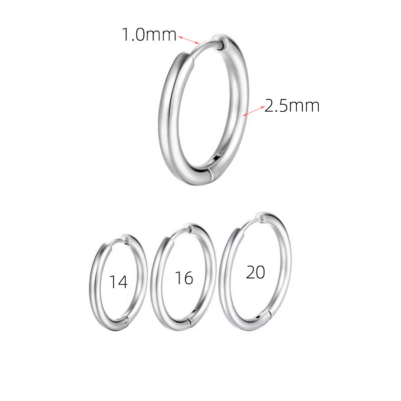 Stainless Steel Hoop Earrings Set 6 Pairs 14mm 16mm 20mm