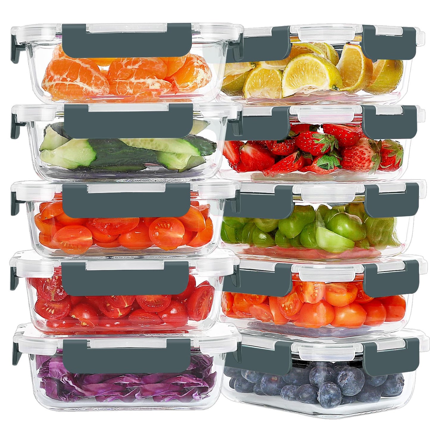 10pc 22oz/64ml Borosilicate Glass Storage Containers with Lids, Gray