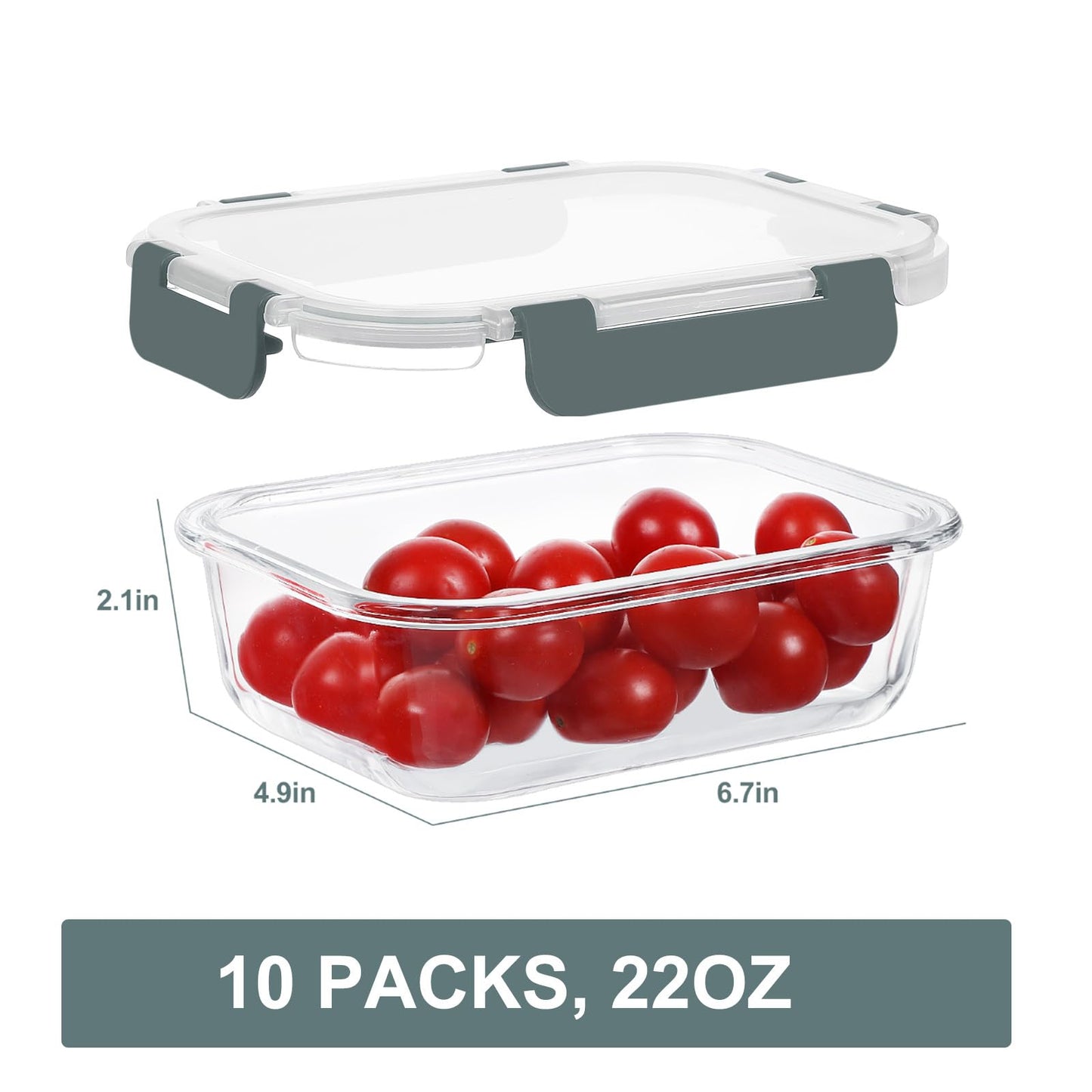 10pc 22oz/64ml Borosilicate Glass Storage Containers with Lids, Gray
