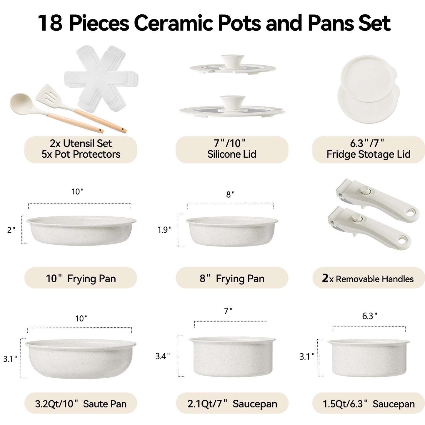 Ceramic Nonstick Cookware Set with Detachable Handle 14-Piece/18-Piece