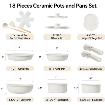 Ceramic Nonstick Cookware Set with Detachable Handle 14-Piece/18-Piece