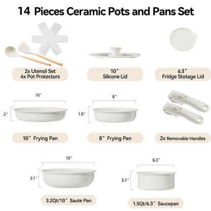 Ceramic Nonstick Cookware Set with Detachable Handle 14-Piece/18-Piece