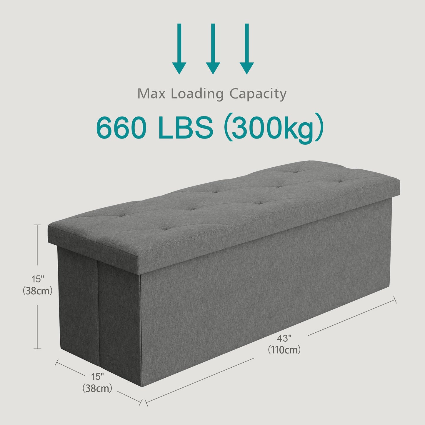 Large 43 Inch Long Folding Storage Ottoman,Deep Gray
