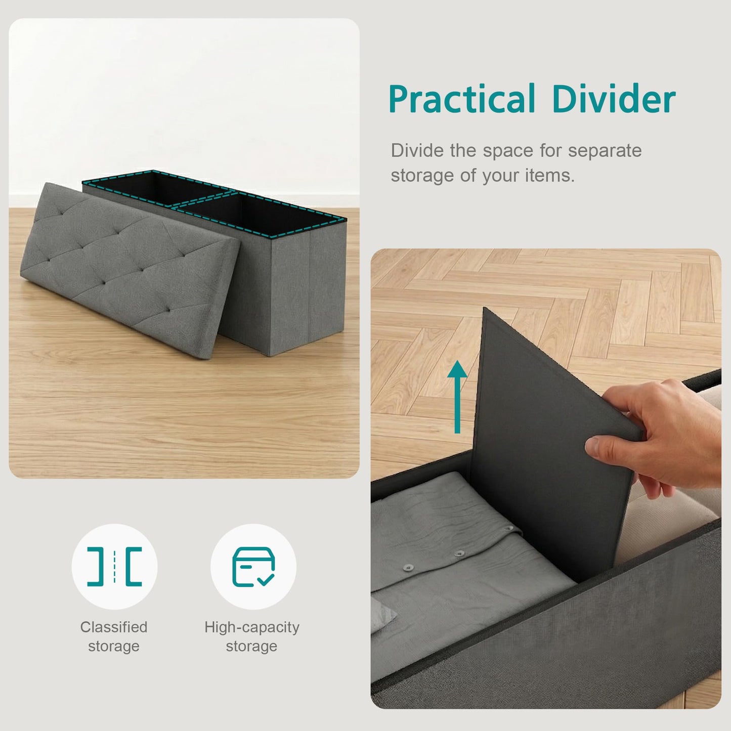 Large 43 Inch Long Folding Storage Ottoman,Deep Gray