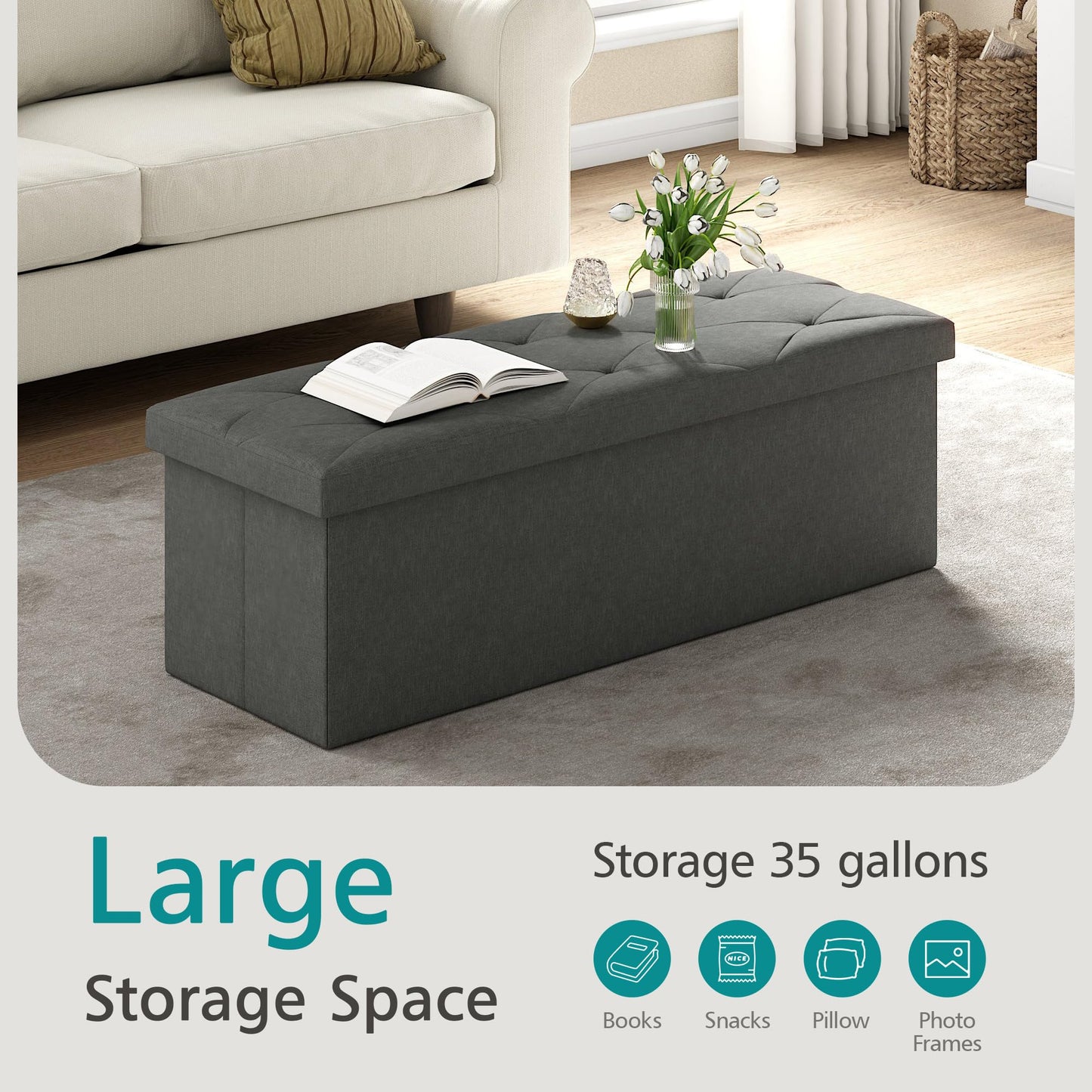 Large 43 Inch Long Folding Storage Ottoman,Deep Gray