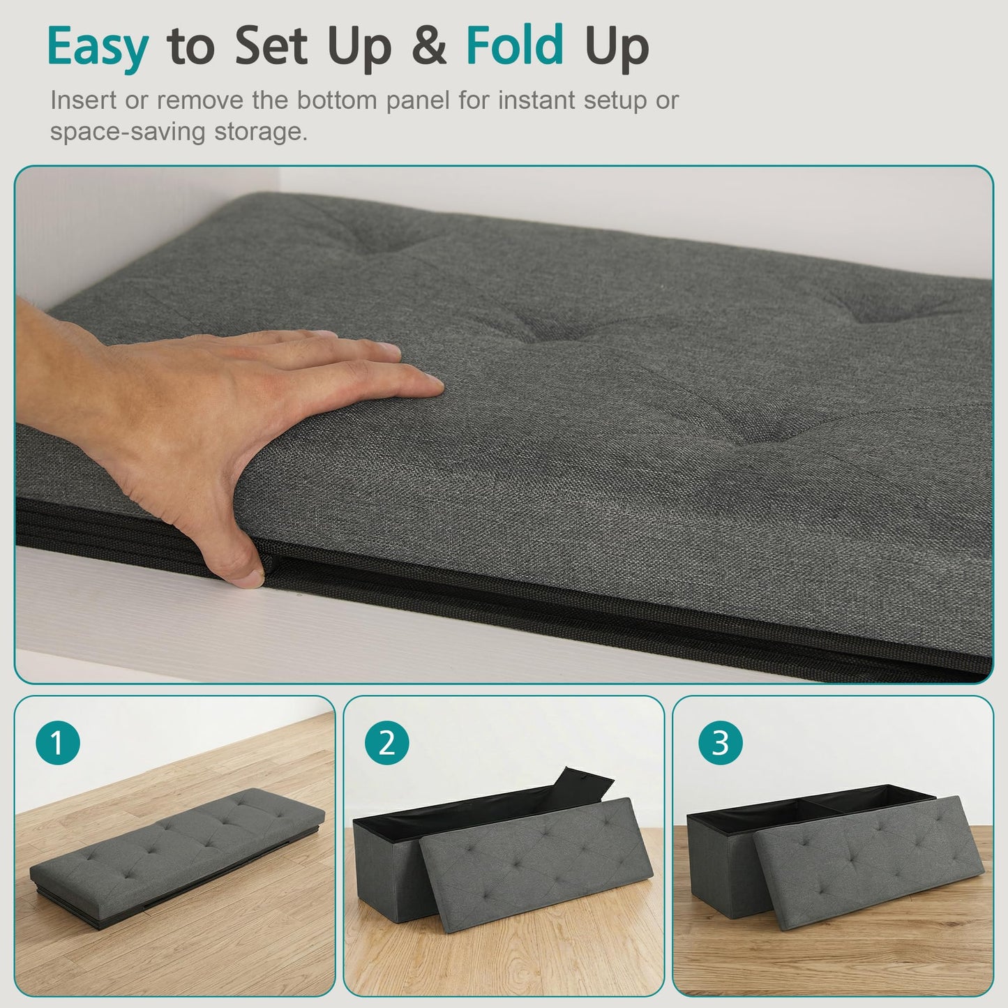 Large 43 Inch Long Folding Storage Ottoman,Deep Gray