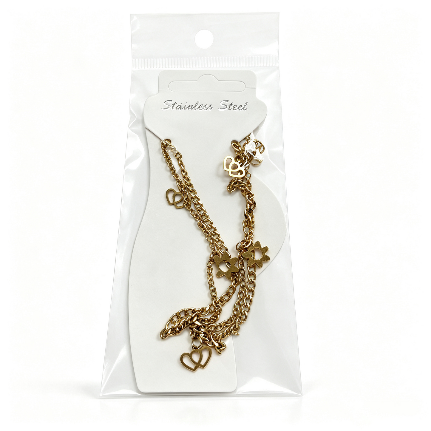 Double Heart & Sun Charm Anklet Gold‑Tone Stainless Steel for Women