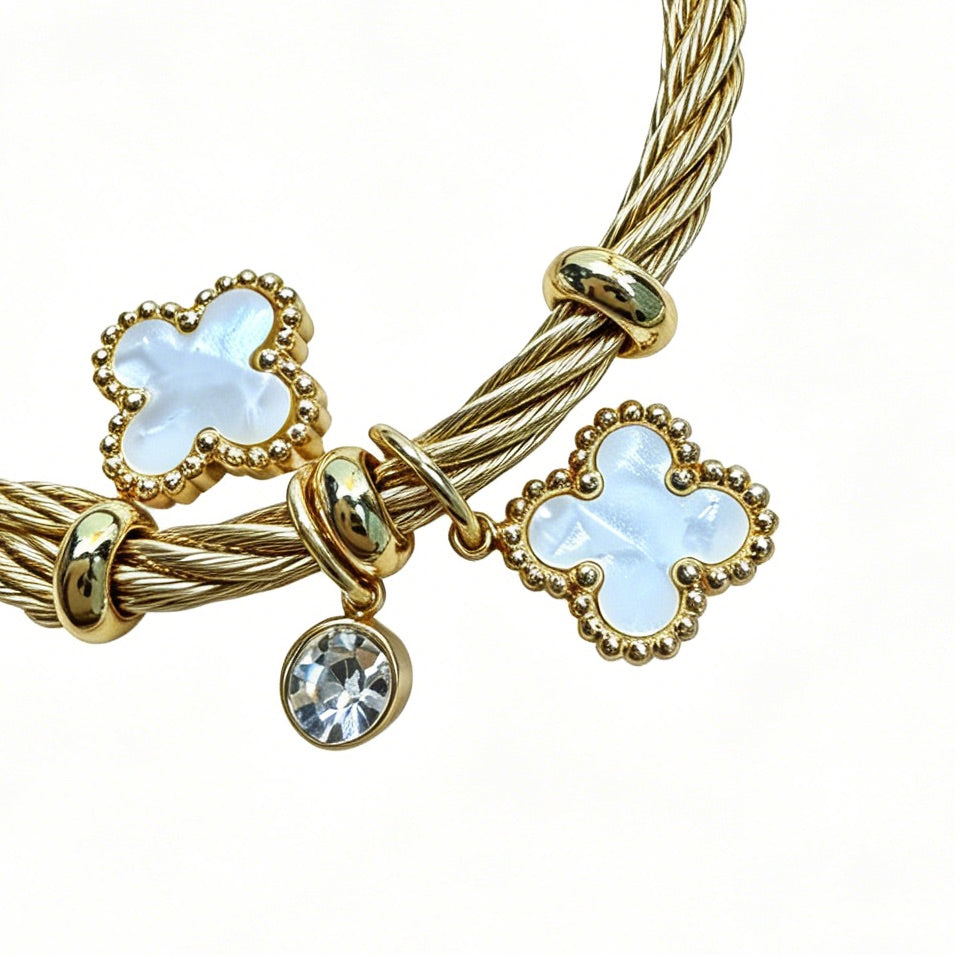 Gold-Tone Bracelet with White Clover Charms