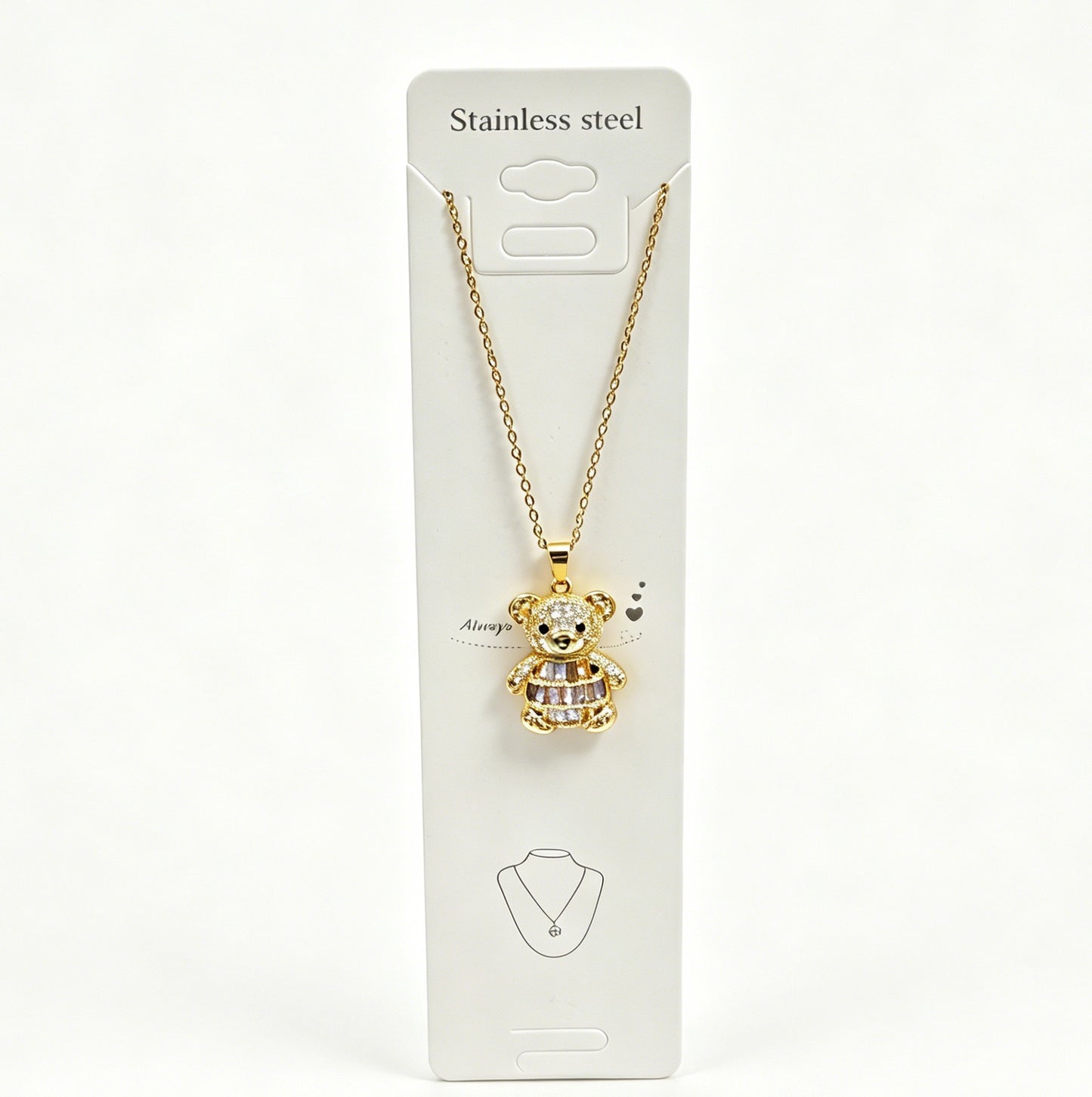 Gold-Tone Teddy Bear Necklace with Paved Crystals