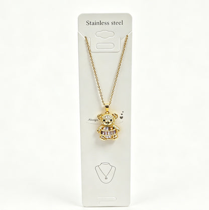Gold-Tone Teddy Bear Necklace with Paved Crystals