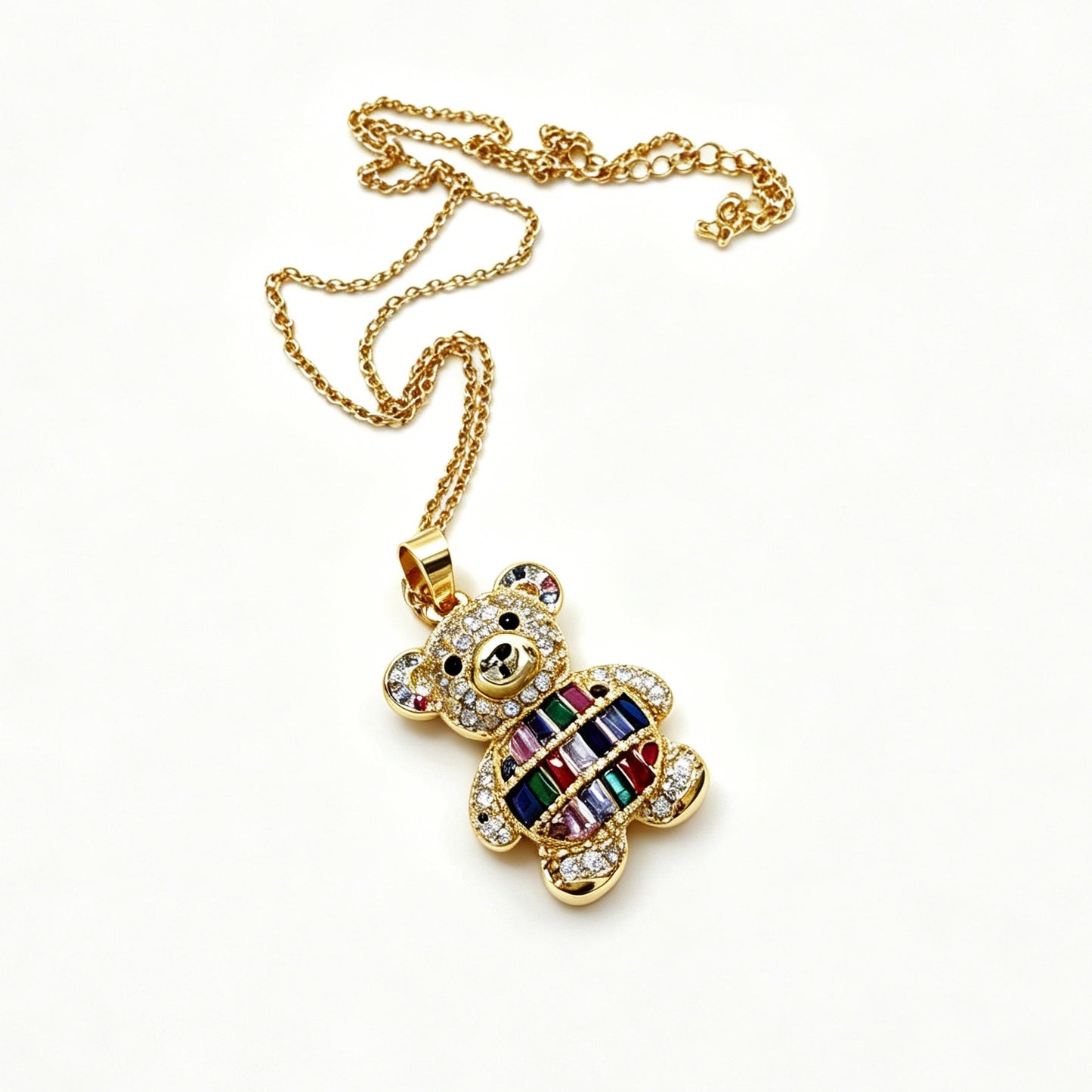 Gold-Tone Teddy Bear Necklace with Paved Crystals