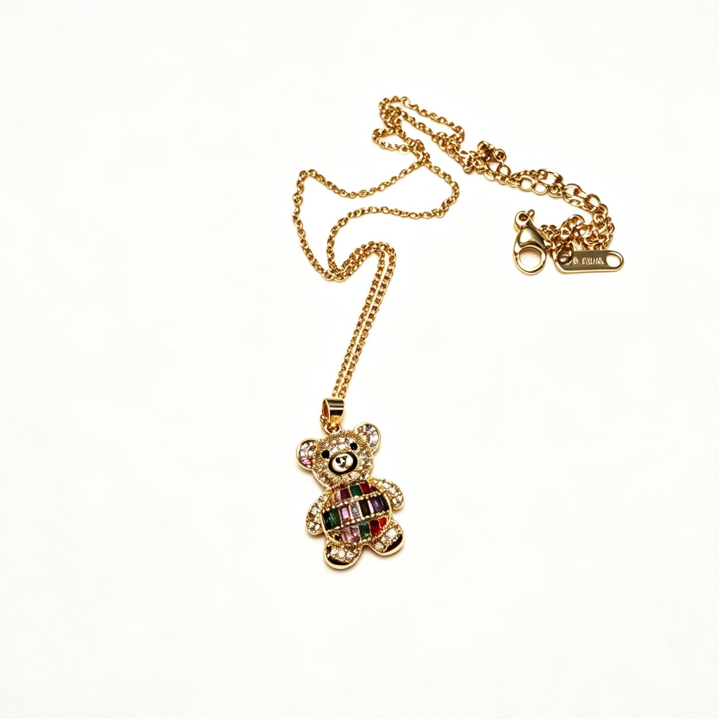 Gold-Tone Teddy Bear Necklace with Paved Crystals