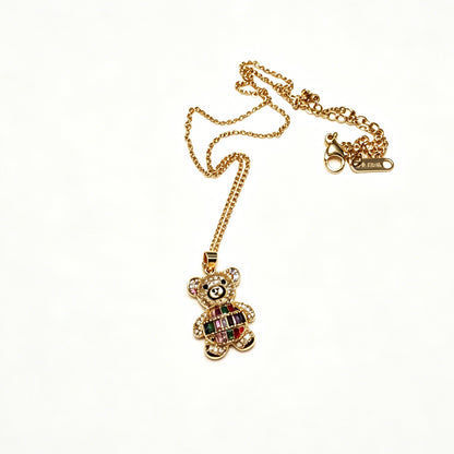 Gold-Tone Teddy Bear Necklace with Paved Crystals