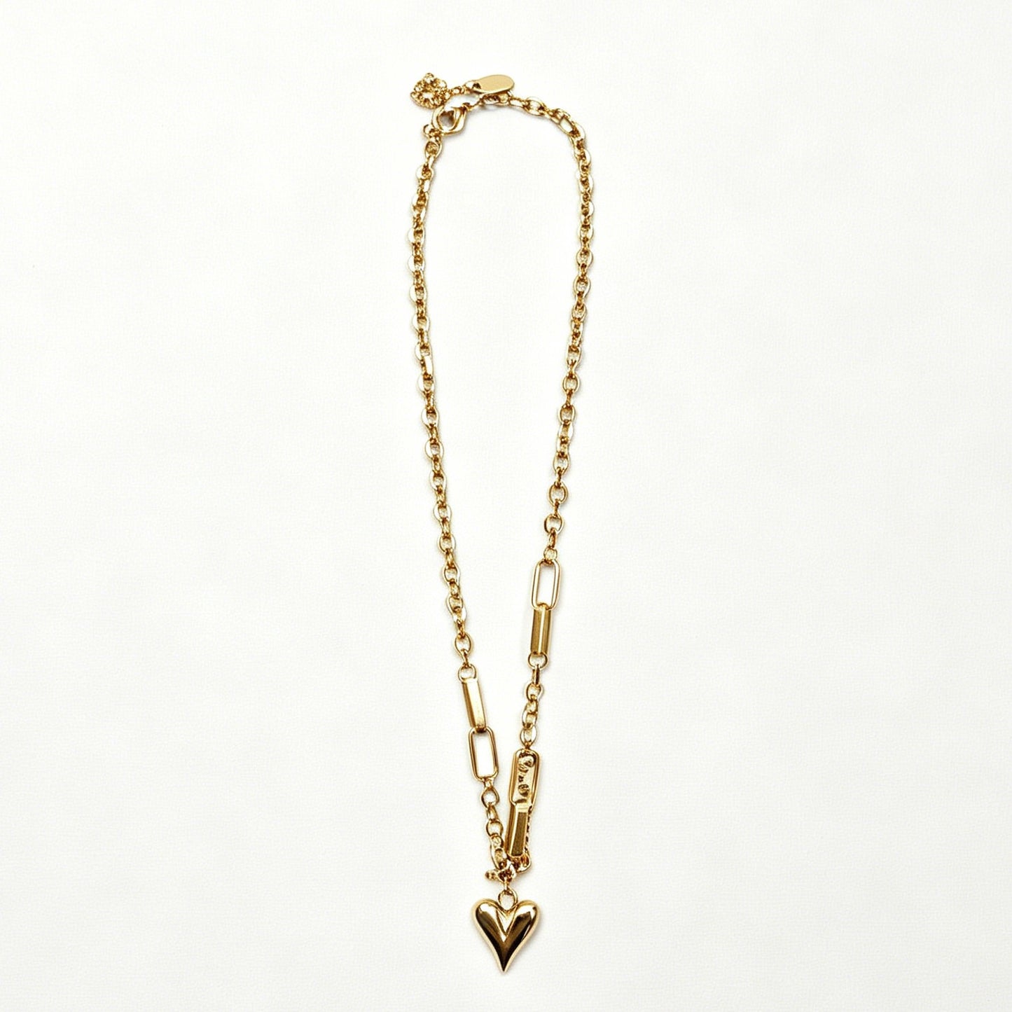 Gold-Tone Heart Pendant Necklace with Mixed Chain Links