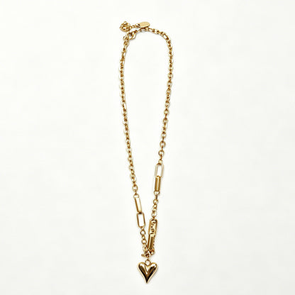 Gold-Tone Heart Pendant Necklace with Mixed Chain Links